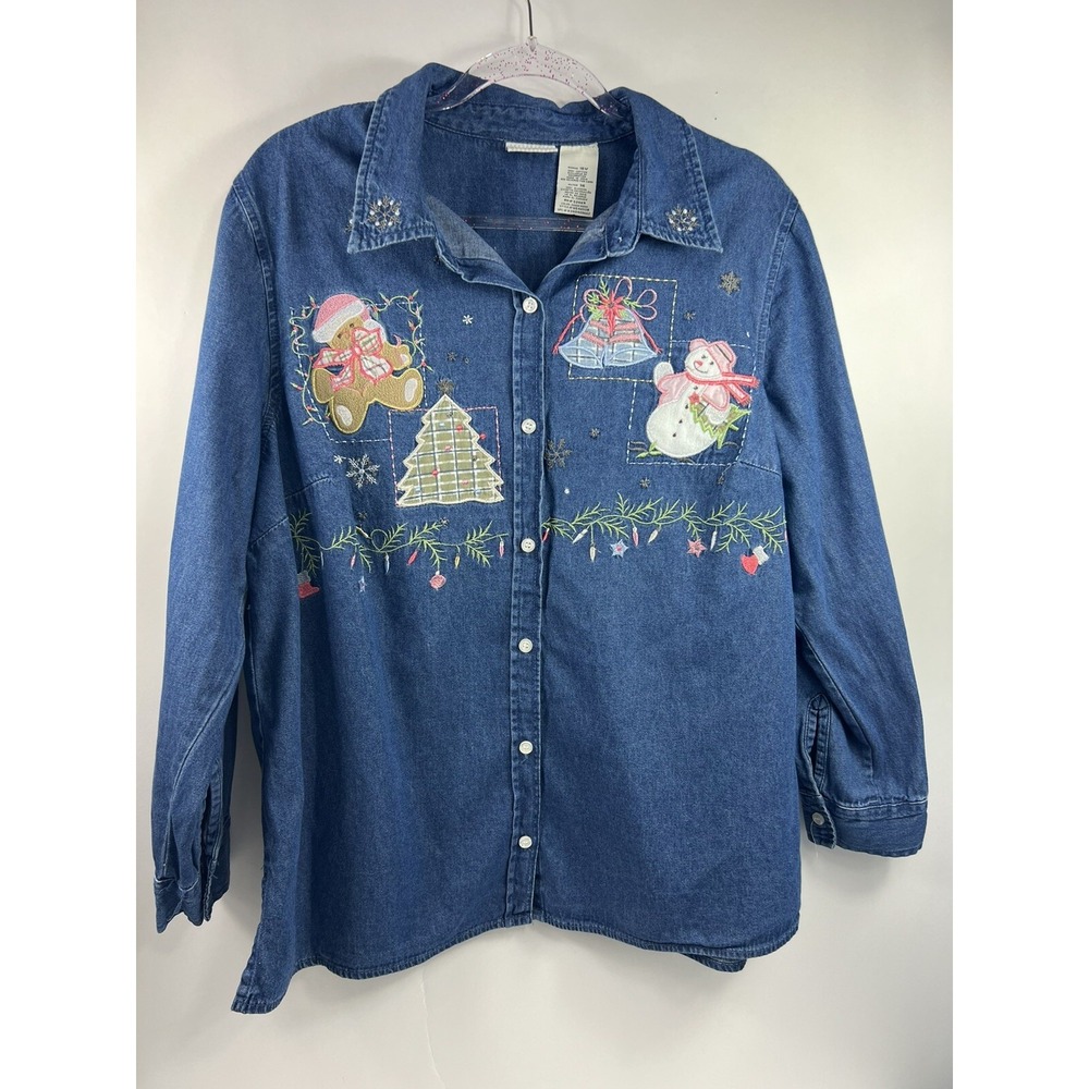 White Stag Plus Denim Shirt Women's Sz 16W Blue Christmas Appliqués‎ Embroidered